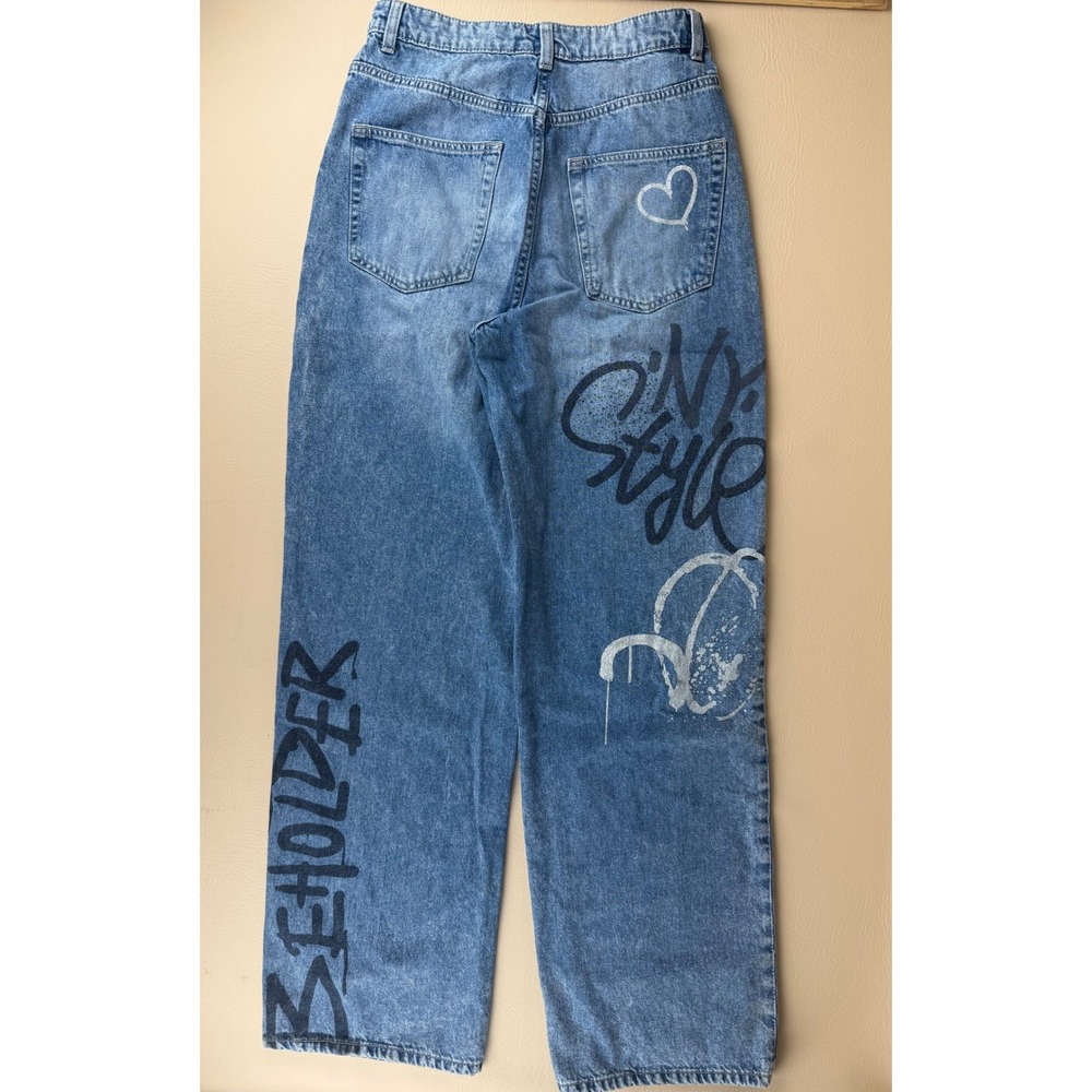 Y2K Streetwear Graffiti Wide Leg Jeans Graphic Print Size 4 H&M Divided - Picture 2 of 4